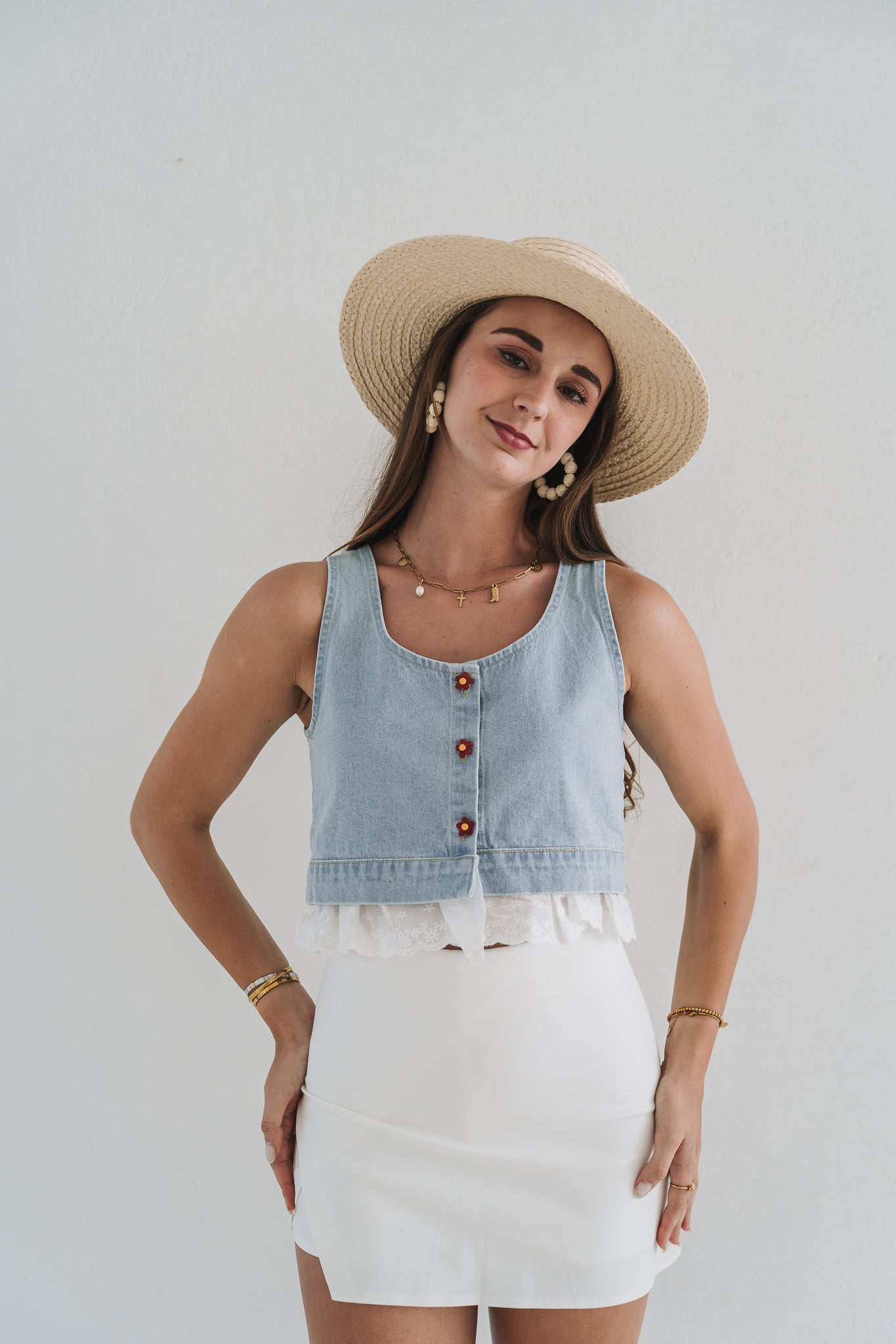 Red Flower Waistcoat Denim