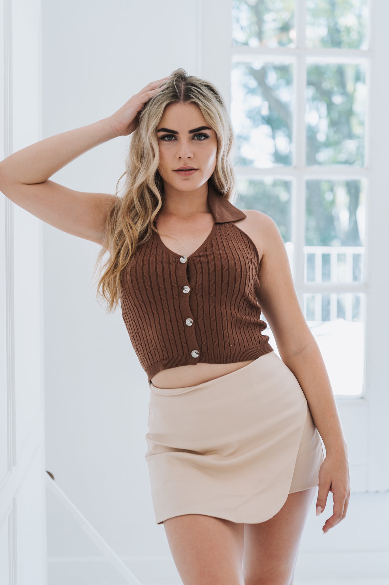 Knit Crop Waistcoat Brown
