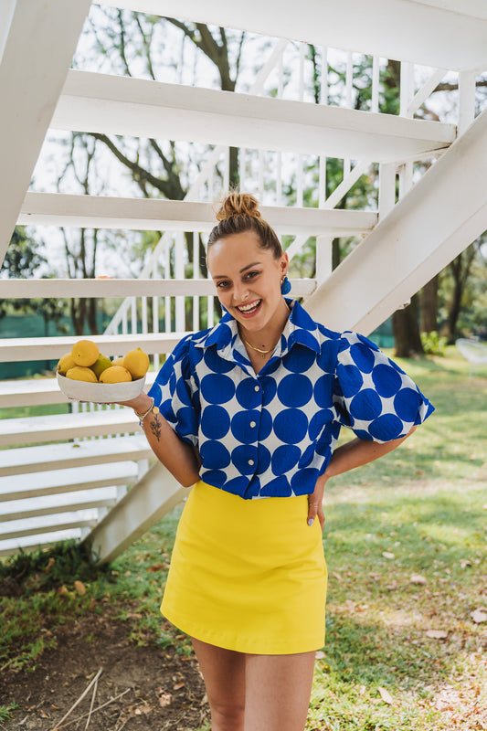 Polka Puff Top Blue