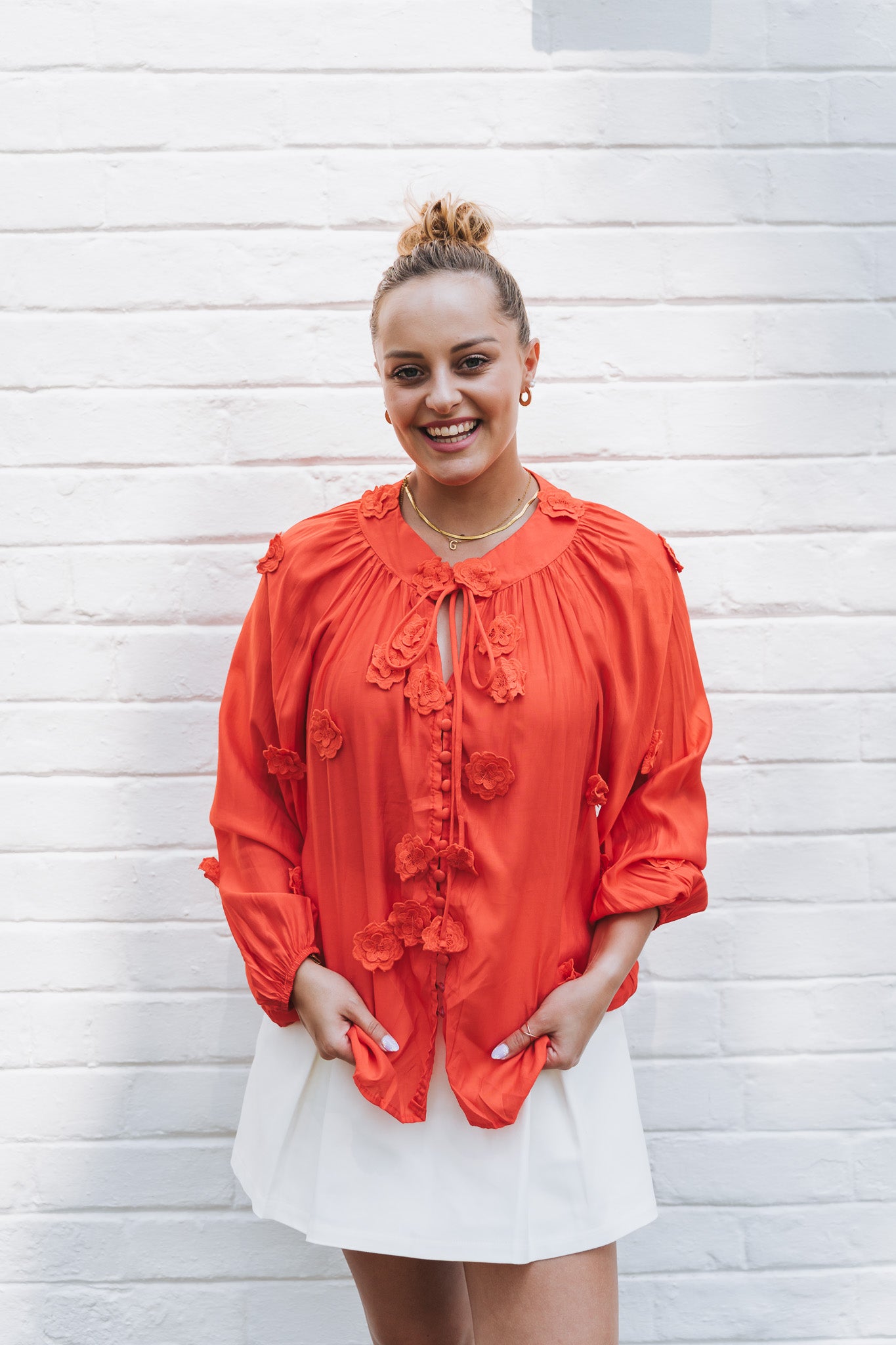 Floral Embossed Blouse Coral