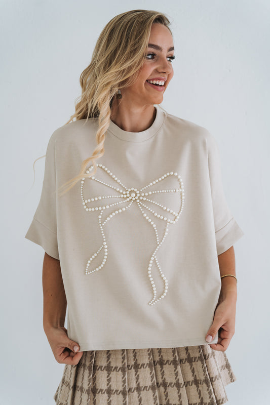 Pearl Bow Tee Beige | One Size / Fits 30-36
