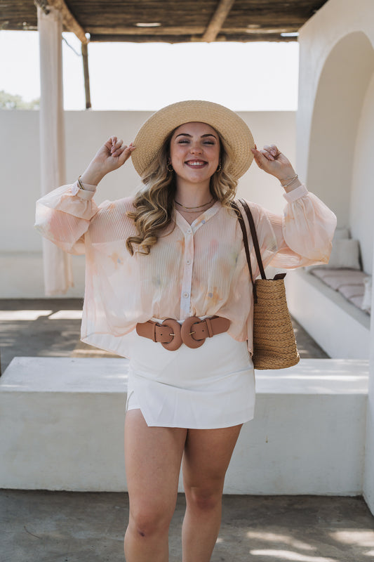 Pleat Floral Top Peach