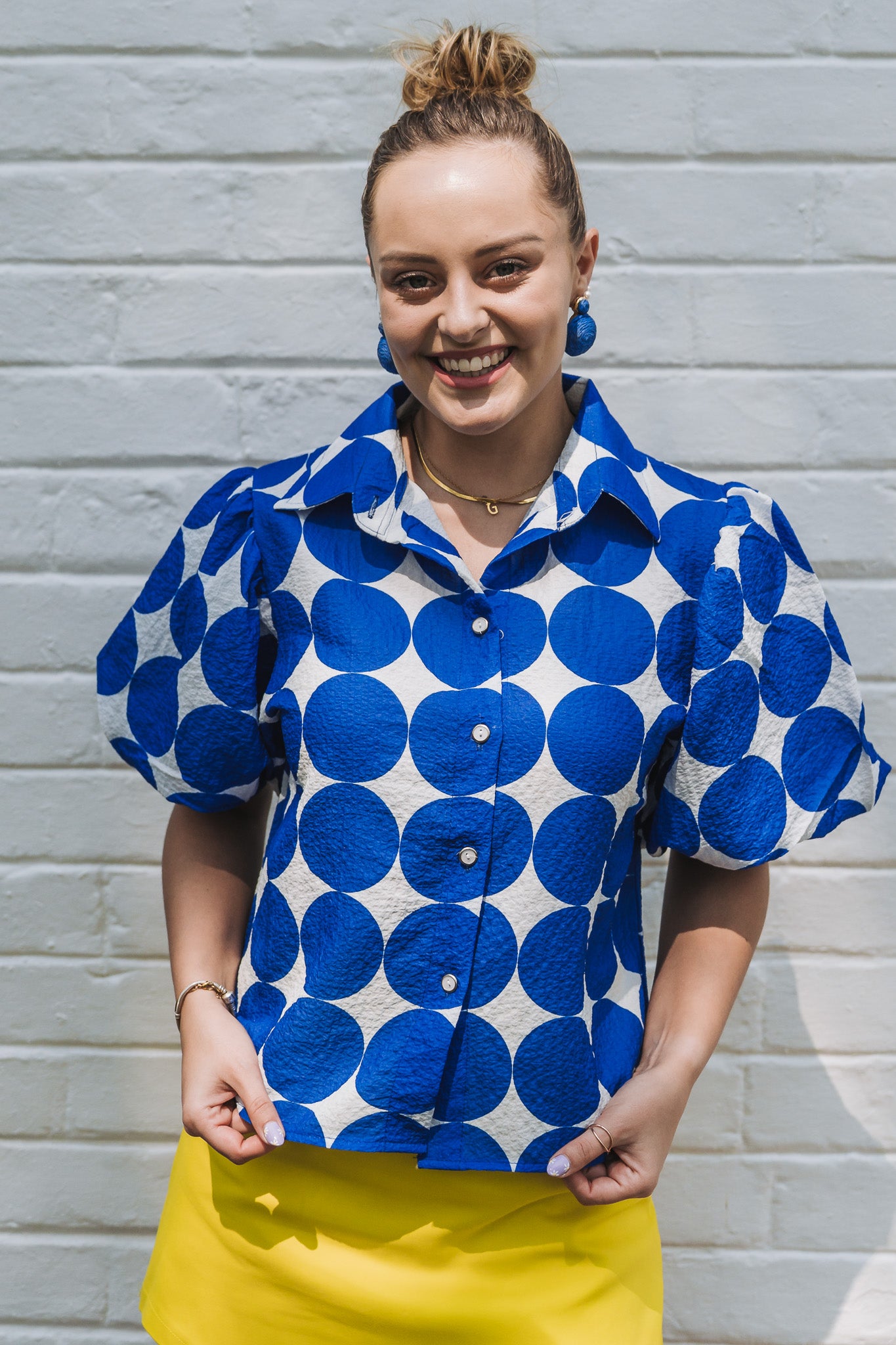 Polka Puff Top Blue