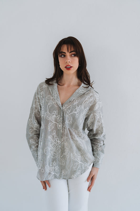 Grey Embro Blouse | One Size / Fits 32-36