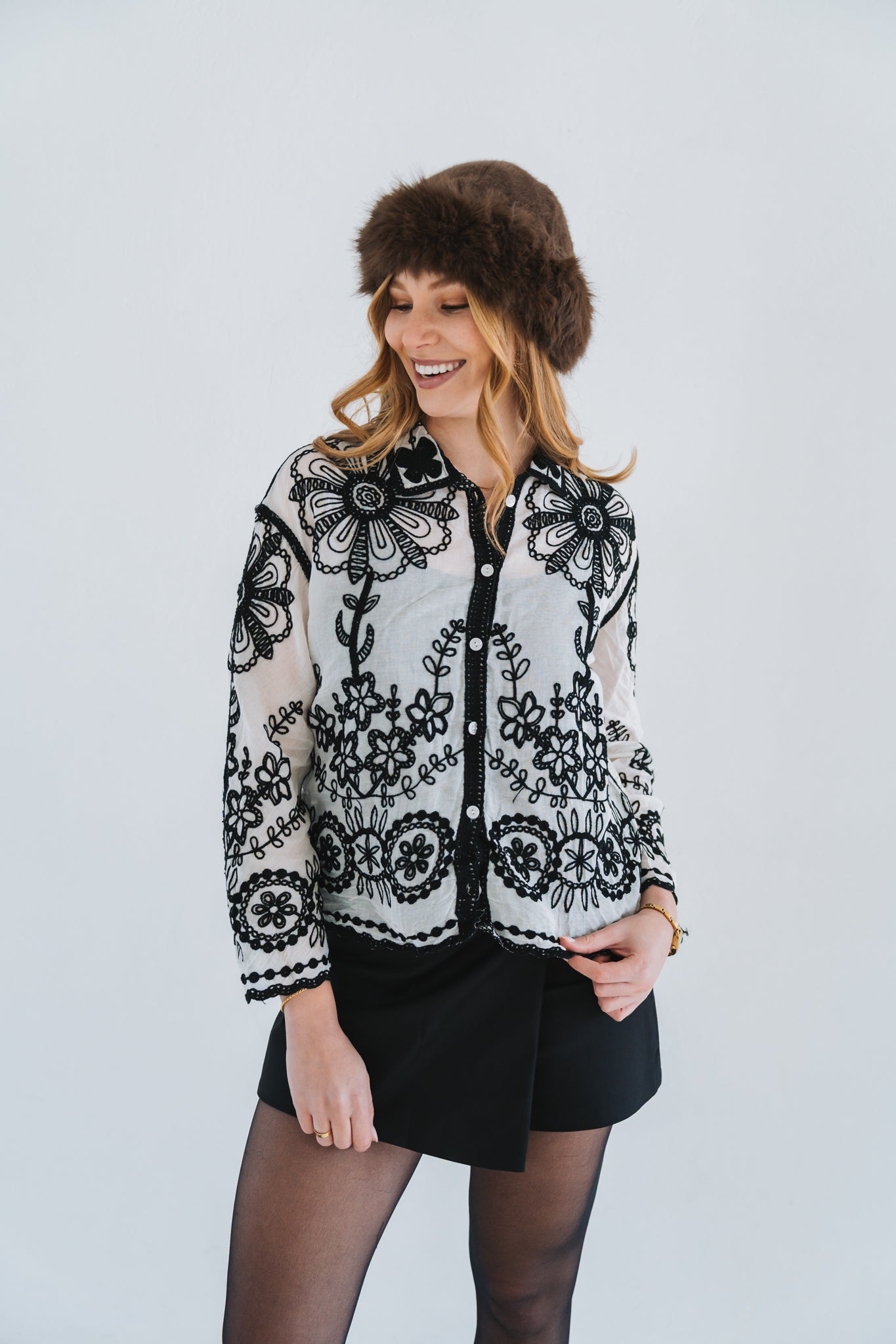 Embossed Blouse Black | One Size / Fits 30-34