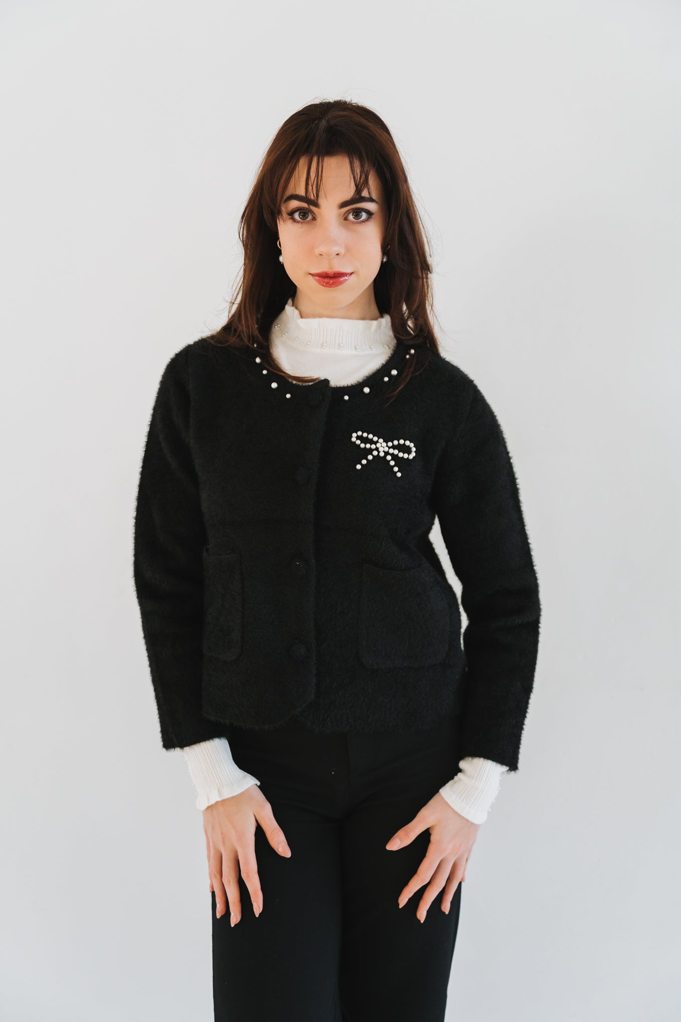 Pearl Bow Cardi Black | One Size / Fits 30-34