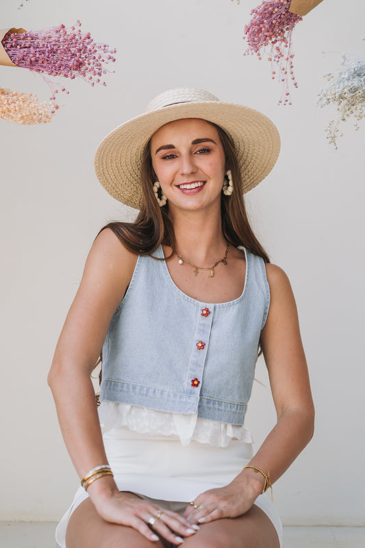 Red Flower Waistcoat Denim