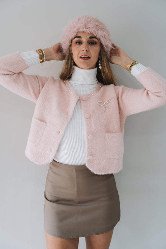 Pearl Bow Cardi Pink